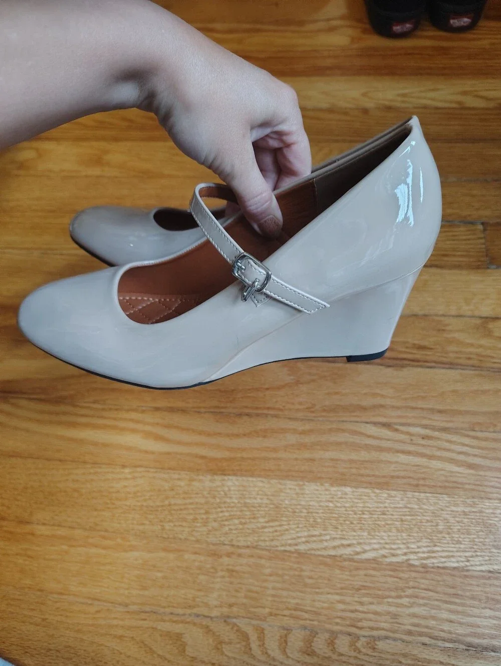 Comfortable Nude Patent Mary Jane Wedge Pumps - Size 39 (US 8.5)